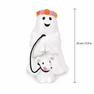 Figura de fantasma de Halloween paseando a perro con corona de flores, de 15 cm