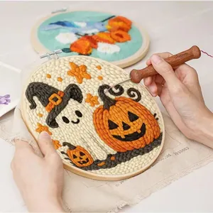 Halloween Ghost Embroidery Kit Punch Needle DIY Craft Embroidery Project With Wooden Hoop Pumpkin Bat Cat Cartoon Pattern For Home Decor