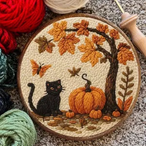 Exquisite handmade Halloween embroidery kit featuring a black cat and pumpkin design