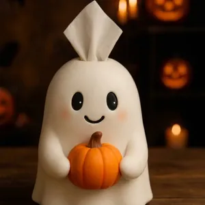 Detail of cute white ghost tissue box holder holding a small orange pumpkin for Halloween