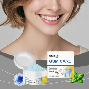 Detailansicht von Oralhoe Bienengift Zahnpulver mit blauer Textur und Minze