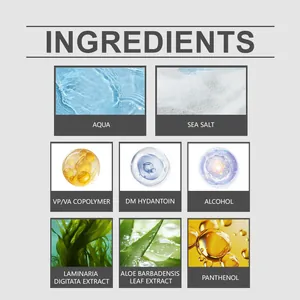 Elenco dettagliato degli ingredienti per lo spray volumizzante per capelli al sale marino.