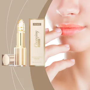 Professional detail shot of gold foil color-changing lipstick and hydrating lip effect