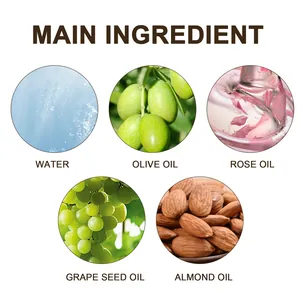 Vista detallada de ingredientes naturales como aceite de rosa y almendra para el cuerpo.