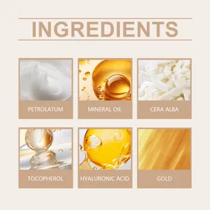 Ingredient list for nourishing gold foil lip balm showing petrolatum and gold.