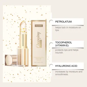 Gold flake color-changing lipstick detail showing ingredients like Vitamin E and Hyaluronic Acid