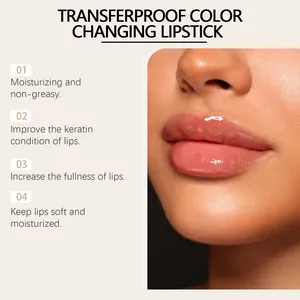 Detailed view of color-changing lipstick effect on lips with moisturizing benefits