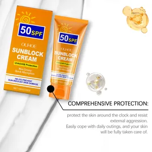 Detailansicht der OUHOE SPF 50 Sonnencreme Tube und Box mit Schutzbeschreibungstext