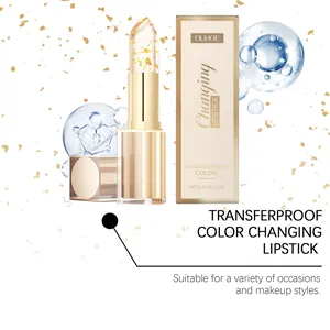 Detailed macro view showing the transparent texture of gold foil color-changing lipstick.