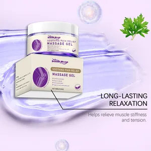 Close-up of South Moon pain relief massage gel with purple gel texture background