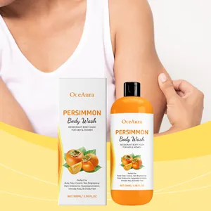 Close-up of OCEAURA persimmon deodorant body wash bottle and packaging box detail
