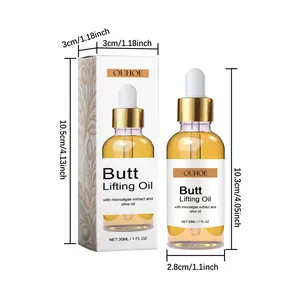 Detailed view of OUHOE butt lifting oil 30ml bottle and box with precise dimensions shown
