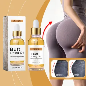 Close-up of butt lifting oil bottle and before-after skin firming results comparison