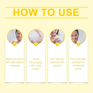 Illustrated instructions for applying persimmon shower gel to damp skin for best results