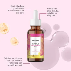 Detail showing OceAura Cyperus Rotundus oil bottle for post-hair removal skin care