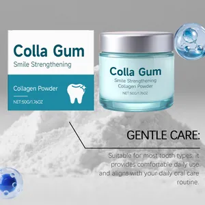 Detailed view of collagen tooth powder jar with a pile of white gentle care powder