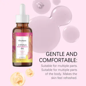 Detail view of OceAura Cyperus Rotundus hair removal oil bottle with liquid droplets