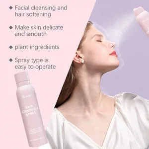 Hoygi facial hair identifier spray usage scene with mist detail and product features.