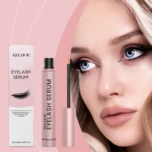 Close-up of model's eyelashes with EELHOE eyelash growth serum bottle and box