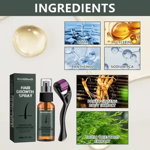 West Month hair growth spray set featuring derma roller and natural botanical ingredients list