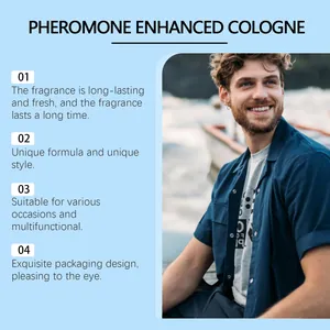 Detail view showing a male model and key features of pheromone enhanced men's cologne