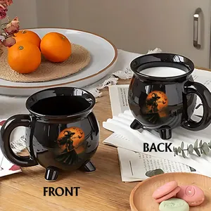 Taza de Cerámica Caldero de Bruja de Halloween Gótica Negro Brillante Taza de Café de Porcelana Con Asa de Tres Pies para Fiesta
