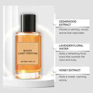 Vue détaillée du parfum boisé Cedarwood avec descriptions de lavande et extraits de miel