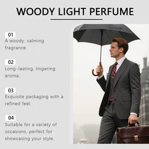 Homme élégant en costume avec parapluie représentant le parfum léger et boisé.