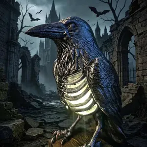 Detail showing the illuminated ribcage of the gothic raven skeleton lamp