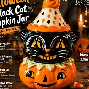 Hand-painted ceramic black cat on pumpkin jar Halloween festive decoration 10cm