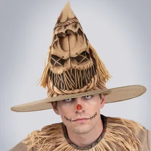 Close-up view of scarecrow witch hat for Halloween cosplay with realistic face design
