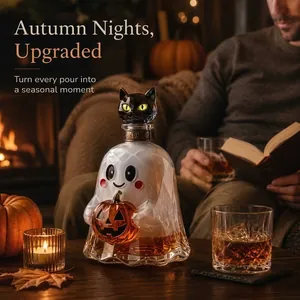 Detailed view of ghost decanter with pumpkin and cat stopper in cozy fireplace setting