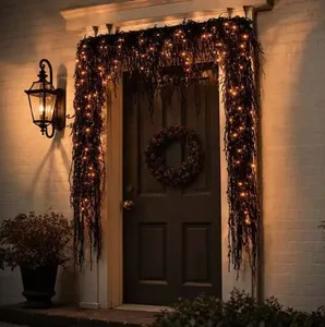 Halloween Decorazione del Camino Ghirlanda Nera in Plastica con Luci LED Arancione Caldo per Feste in Casa Decorazione Spettrale