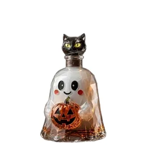 Halloween ghost shaped glass decanter featuring pumpkin detail and black cat head stopper