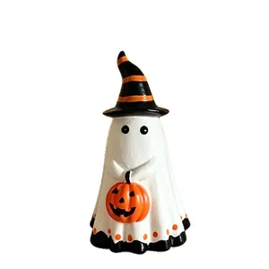 Figurine de fantôme d'Halloween en résine avec chapeau de sorcière et citrouille
