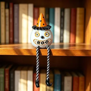 Halloween resin ghost figurine with witch hat and striped hanging legs on bookshelf