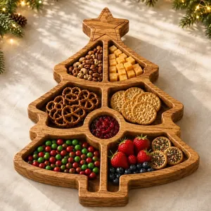 Close-up of a Christmas tree-shaped wooden divided tray filled with assorted snacks