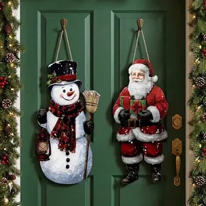 Panneaux de porte de Noël en bois représentant le Père Noël et un bonhomme de neige.