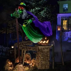 Animierte Halloween-Hexe mit leuchtenden Augen und Besen für die Grusel-Deko