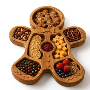 Christmas gingerbread man shaped wooden divided snack tray for festive party appetizers