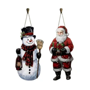 Plaques de Noël en bois suspendues avec illustrations du Père Noël et d'un bonhomme de neige