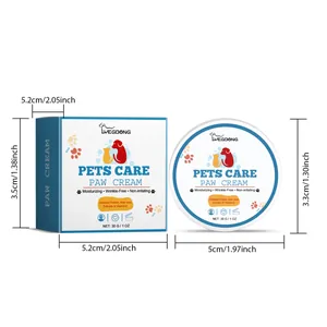 Detailed size specifications of pet paw care cream for dogs and cats shown in packaging.
