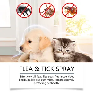 Spray antipulci e zecche efficace per animali con icone di cucciolo, gattino e parassiti
