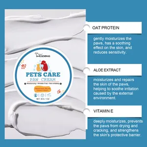 Detail view showing pet paw cream ingredients: Oat Protein, Aloe, and Vitamin E.