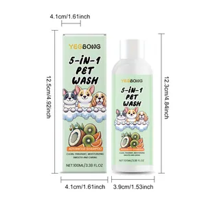 YEGBONG 5-in-1 huisdiershampoo 100ml fles en verpakking met gedetailleerde afmetingen