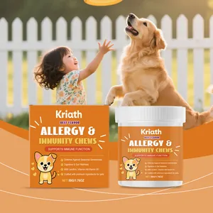 Kriath beef flavor dog immunity chews shown with a child and a golden retriever outdoors