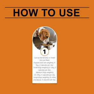Detailed pet vitamin usage instructions and weight-based dosage guide for dogs and cats