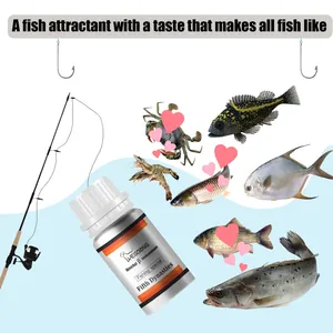 Bouteille d'attractif pour poissons Yegbong avec diverses espèces de poissons et canne.