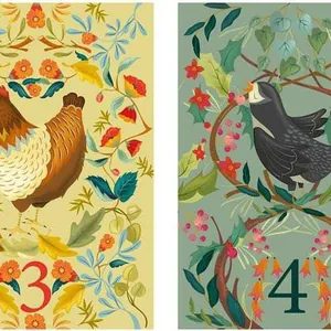 Detaillierte Illustration von Vogel- und Henne-Motiven auf Adventskalenderkarten