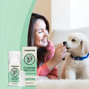Detailed view of YEGBONG dog oral gel packaging and silicone finger brush with lifestyle scene